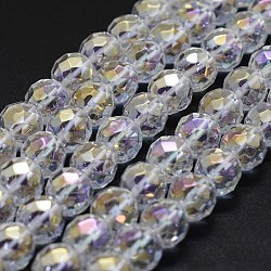 Electroplated Natural Quartz Crystal Beads Strands, AB color Plated, Faceted, Round, Clear AB, 8mm, Hole: 0.8mm, about 45pcs/strand, 15 inch(G-K285-10-8mm)