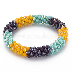 Crochet Glass Beads Braided Stretch Bracelet, Women's Nepel Handmade Jewelry, Gold, Inner Diameter: 1-5/8 inch(4.2cm)(BJEW-T016-08J)