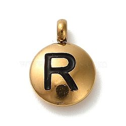 304 Stainless Steel Black Enamel Charms, Golden, Flat Round with Letter Charm, Letter R, 11x8x2.5mm, Hole: 1.8mm(STAS-R009-01G-R)