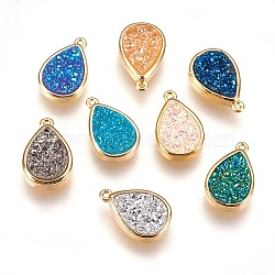 Resin Imitation Druzy Crystal Pendants, with Brass Findings, teardrop, Golden, Mixed Color, 16.5x10.5x4~5mm, Hole: 1mm(KK-O101-A)