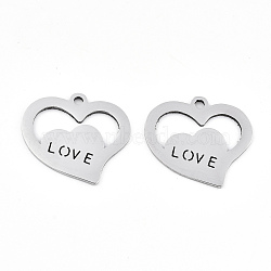 Valentine's Day 201 Stainless Steel Pendants, Laser Cut, Heart with Word Love, Stainless Steel Color, 17.5x19x0.9mm, Hole: 1.5mm(STAS-S081-082)