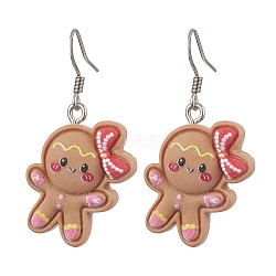 Christmas Resin Dangle Earrings, with 304 Stainless Steel Earring Hooks, Gingerbread Man, Stainless Steel Color, 40x18.5mm(EJEW-JE06089)