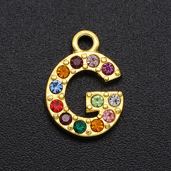 Alloy Rhinestone Charms, Golden, Colorful, Letter, Letter.G, 12.5x9x2mm, Hole: 1.5mm