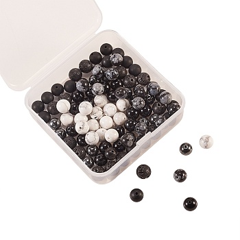 120Pcs 6 Style Natural & Synthetic Gemstone Round Beads Sets, Black, 8mm, Hole: 1mm, 20pcs/style