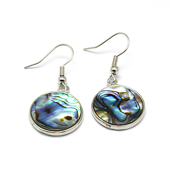 Abalone Shell/Paua ShellEarrings, Single Side, with Brass Earring Hooks, Flat Round, Colorful, 39x18x3mm