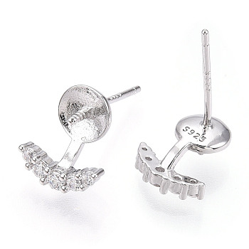 925 Sterling Silver Stud Earring Findings Micro Pave Cubic Zirconia, for Half Drilled Beads, with S925 Stamp, Eyelash, Real Platinum Plated, 10x8.5x2mm, Pin: 0.7×12mm