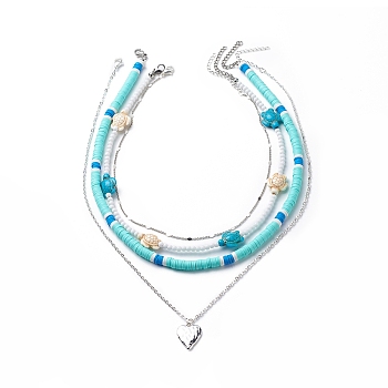 4Pcs 4 Style Alloy Heart Pendant Necklaces Set, with Tortoise Dyed Synthetic Turquoise Tortoise & Polymer Clay Disc Beaded Stackable Necklaces, Brass Chains Jewelry for Woman, Platinum, 13.98~19.96 inch(35.5~50.7cm), 1Pc/style