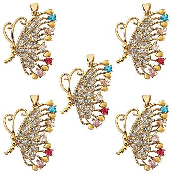 5Pcs Brass Micro Pave Cubic Zirconia Pendants, Nickel free, Butterfly, Real 16K Gold Plated, 35x26x5mm, Hole: 3x5mm