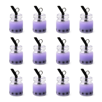 Glass Bottle Pendants, with Resin Inside and Iron Findings, Imitation Bubble Tea/Boba Milk Tea, Lilac, 20~25x11~14x11mm, Hole: 1.8mm