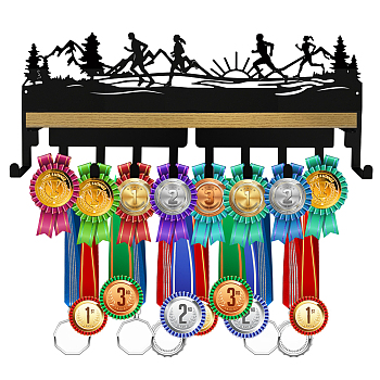 Iron Medal Holder, with Wood Board, Medal Holder Frame, Running, Sports, Medal Holder: 367x132x1.5mm,Wood Board: 348x80mm