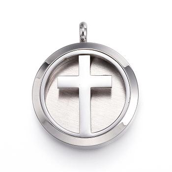 316 Surgical Stainless Steel Diffuser Locket Pendants, with Perfume Pad and Magnetic Clasps, Flat Round with Cross, Stainless Steel Color, 36.5~37x30x6~6.5mm, Hole: 5mm, Inner Diameter: 23mm, 12Color/Set