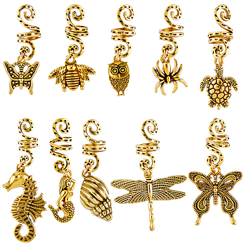 20Pcs Animal Theme Alloy Hair Braid Dreadlock Beads Set, Hair Coil Cuffs, with Alloy Pendants, Bees & Butterfly & Dragonfly, Antique Golden, 40~52mm, 10 style, 2pcs/style, 20pcs/set