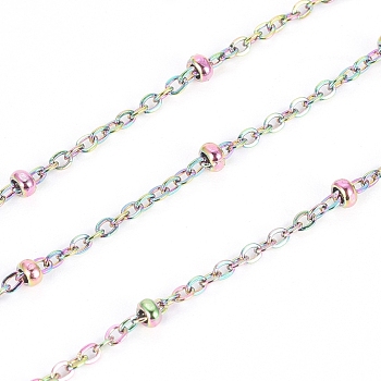 Ion Plating(IP) 304 Stainless Steel Cable Chains, Satellite Chains, with Spool and Beads, Soldered, Rainbow Color, 1.6x1x0.3mm, 2x1mm, about 32.8 Feet(10m)/roll
