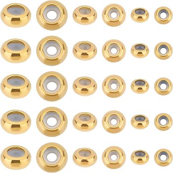 30Pcs 3 Style 202 Stainless Steel Beads, with Rubber Inside, Slider Beads, Stopper Beads, Rondelle, Golden, 6~10x3~5mm, Hole: 3~5mm, Rubber Hole: 2~3.5mm, 10pcs/style