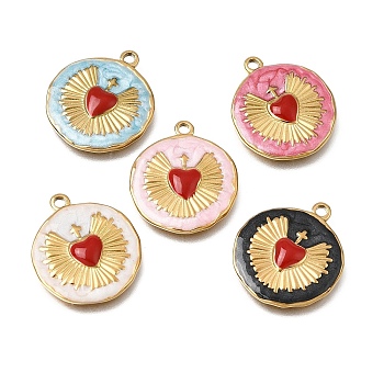 304 Stainless Steel Pendants, with Enamel, Flat Round with Heart Pattern Charms, Real 18K Gold Plated, Ion Plating(IP), Mixed Color, 21x18x2.5mm, Hole: 1.6mm