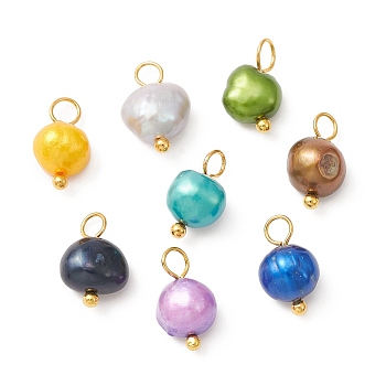 Dyed Natural Cultured Freshwater Pearl Charms, Two Sides Polished, with Brass Loops, Mixed Color, Golden, 12~12.5x7~8x5.5~6mm, Hole: 2.2mm