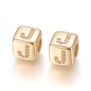 Brass Micro Pave Cubic Zirconia European Beads, Horizontal Hole, Large Hole Beads, Long-Lasting Plated, Cube with Letter, Golden, Clear, Letter.J, 9x9x9.5mm, Hole: 4.5mm