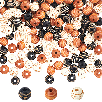 150Pcs 3 Colors Painted Natural Wood Beads, Dyed, Laser Engraved Pattern, Round with Zebra-Stripe, Mixed Color, 10x8.5mm, Hole: 2.5mm, 50pcs/color