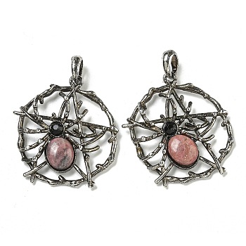 Natural Rhodonite Pendants, Alloy Pentagram with Spider Charms, Antique Silver, 44.5x39x7mm, Hole: 7.5x6.5mm