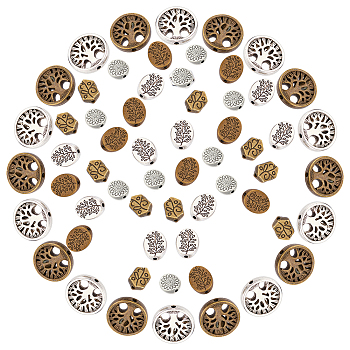 60Pcs 6 Style Alloy Beads, Flat Round with Tree, Cadmium Free & Lead Free, Mixed Color, 11.5~18x8~10x3~4mm, hole: 1~1.5mm, 10pcs/style
