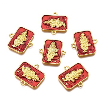 Alloy Enamel Links, Lead Free & Cadmium Free, Rectangle with Ganesha, Golden, Red, 20x19.5x2.5mm, Hole: 1.6mm