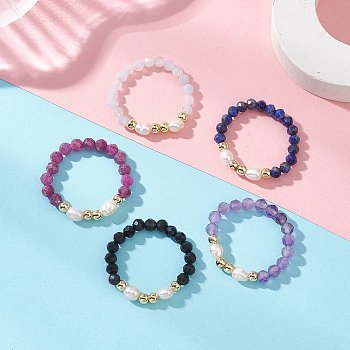 Natural Mixed Gemstone Finger Rings, with Natural Cultured Freshwater Pearl, Stretch Rings, 17mm
