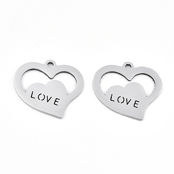 Valentine's Day 201 Stainless Steel Pendants, Laser Cut, Heart with Word Love, Stainless Steel Color, 17.5x19x0.9mm, Hole: 1.5mm