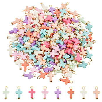 200Pcs Opaque Acrylic Pendants, with Iron Finding, Tibetan Style Alloy Daisy Spacer Beads, Cross, Mixed Color, 22.5x12x4mm, Hole: 3mm