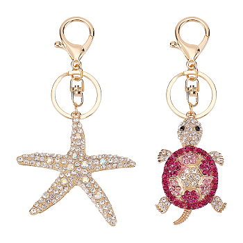 WADORN 2Pcs 2 Style Colorful Full Rhinestones Pendant Keychain, with Alloy Findings, for Bag Purse Car Ornament, Starfish & Tortoise, Mixed Color, 13.2cm, 1pc/style