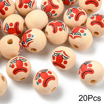 20Pcs Printed Wood European Beads, Round with Clown Pattern, Large Hole Beads, PapayaWhip, 19~20mm, Hole: 4~5mm