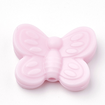 Food Grade Eco-Friendly Silicone Focal Beads, Chewing Beads For Teethers, DIY Nursing Necklaces Making, Butterfly, Pink, 20x25x6mm, Hole: 2mm