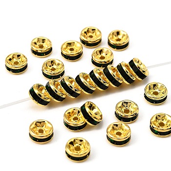 Brass Grade A Rhinestone Spacer Beads, Golden Plated, Rondelle, Nickel Free, Emerald, 6x3mm, Hole: 1mm