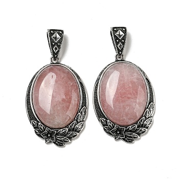 Natural Rose Quartz Big Pendants, Antique Silver Plated Alloy Oval Charms with Flower, 59x40x12mm, Hole: 17x6.5mm