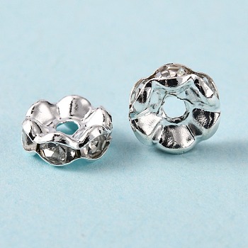 Brass Rhinestone Spacer Beads, Grade A, Waves Edge, Rondelle, Silver Color Plated, Clear, Size: about 8mm in diameter, 3.5mm thick, hole: 1.5mm