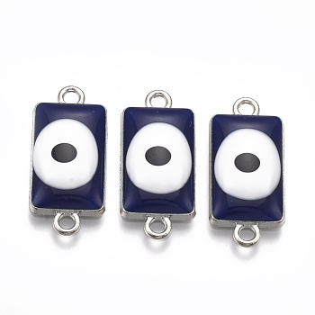 Alloy Links connectors, with Enamel, Rectangle with Evil Eye, Platinum, Midnight Blue, 24.5x11x4.5mm, Hole: 2mm