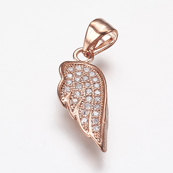 Brass Micro Pave Cubic Zirconia Pendants, Wing, Rose Gold, 19x7x2mm, Hole: 3.5x5mm