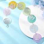 Flat Round Natural Capiz Shell Hanging Suncatchers, with Stainless Steel Filigree Tree Pendants and Split Rings, Colorful, 482mm(HJEW-JM04658)