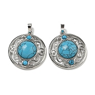 Synthetic Blue Turquoise Pendants, Rack Plating Brass Hollow Flat Round Charms, Cadmium Free & Lead Free, Platinum, 36.5x33x9.5mm, Hole: 7.5x5mm(G-Q158-03S)