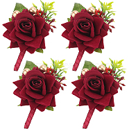 4Pcs Silk Brooch, with Plastic Imitation Flower, for Wedding, Party Decorations, Rose, Dark Red, 109x78x45mm, Pin: 0.7mm(AJEW-CP0007-51)