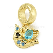 Rack Plating Brass Pave Black & Light Blue Cubic Zirconia Bird European Dangle Charms, Large Hole Pendants, Lead Free & Cadmium Free, Long-Lasting Plated, Real 18K Gold Plated, 17mm, Hole: 4.6mm(KK-Z067-54G)