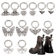 12Pcs 6 Styles Butterfly Tibetan Style Alloy Shoe Charms, with Zinc Alloy Spring Gate Rings, Platinum, 43~63mm, 2pcs/style(HJEW-AB00728)