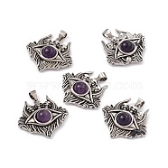 Halloween Natural Amethyst Pendants, Eye with Skull Charms, with Antique Silver Plated Brass Findings, 26x27x8.5mm, Hole: 3.5x5mm(KK-A173-19AS-02)