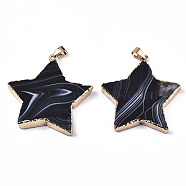 Natural Banded Agate/Striped Agate Pendants, with Light Gold Pleated Edge and Iron Bail, Star, Dyed, Black, 45~50x43~45x5~8mm, Hole: 4x7.5mm(G-N326-39A)