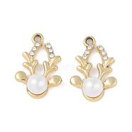 UV Plating Alloy Pendants, with Rhinestone and ABS Plastic Imitation Pearl Beads, Lead Free & Cadmium Free, Deer, Golden, 23x16x8mm, Hole: 2mm(FIND-M018-02G)