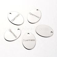 Spray Painted Stainless Steel Pendants, Oval with Word Openness, Stainless Steel Color, 30x22x1mm, Hole: 3mm(STAS-I048-L18)