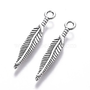 Tibetan Style Alloy Pendants, Lead Free and Cadmium Free, Feather, Antique Silver, 29x5mm, Hole: 2mm(LF0056Y)