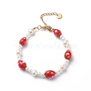 3D Lampwork Strawberry & Shell Pearl Beaded Bracelet for Women, Red, 7-1/2 inch(19cm)(BJEW-TA00174)