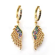 Brass Dangle Hoop Earrings, with Micro Pave Cubic Zirconia, Wing, Colorful, Golden, 41.5mm, Pin: 0.8mm(EJEW-F190-12G)