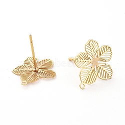 Brass Stud Earring Findings, for DIY Earring Making, with Loop, Flower, Nickel Free, Real 18K Gold Plated, 14.5x13mm, Hole: 1mm, pin: 0.6mm(X-KK-S345-257G)