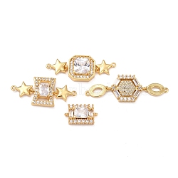 Brass Micro Pave Clear Cubic Zirconia Links Connectors, Long-Lasting Plated, Rectangle & Hexagon & Octagon, Real 18K Gold Plated, 9.5~15x16.5~42x3.5~5mm, Hole: 1~1.2mm(KK-G402-48G)